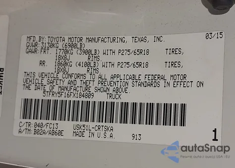 2015 Toyota Tundra Sr5 5.7L V8 from USA, damaged, VIN 5TFRY5F16FX184809